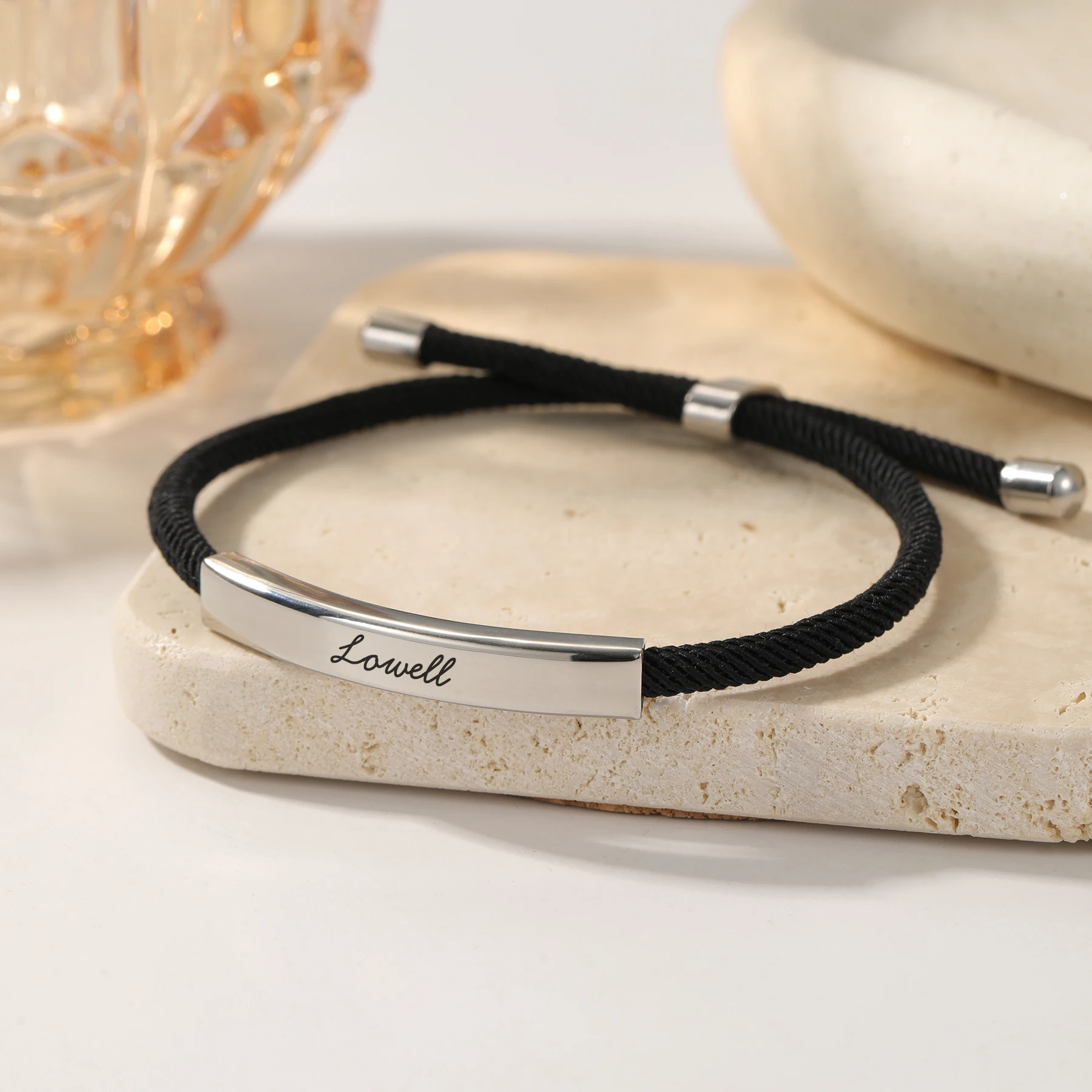 MYIDY Personalized Engraved Name Bar Bracelet Custom Adjustable Braided Cord Bracelet Birthday Gift for Boyfriend Gifts