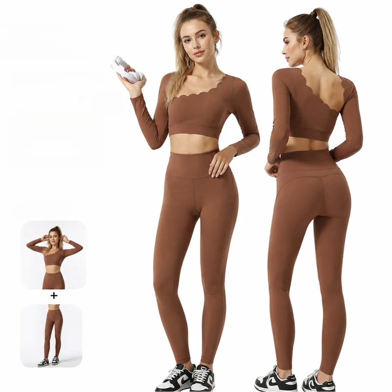 2 Piece Gym Fitness Set Women's Off Shoulder Top Breathable Long Sleeved Leggings Yoga Suit With Chest Pads Spring Sportswear