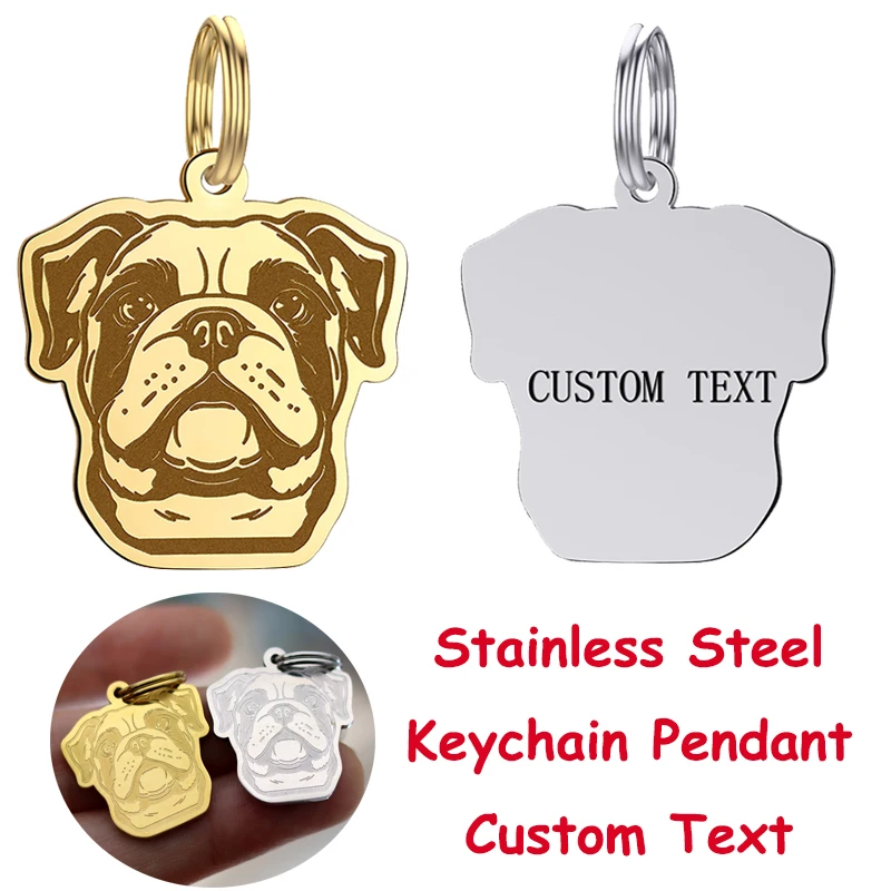 Stainless Steel Keychain Cute French Bulldog Pet Charms Kids Lucky Gifts Jewelry Animal Dog Custom Text Number Keyring Pendant