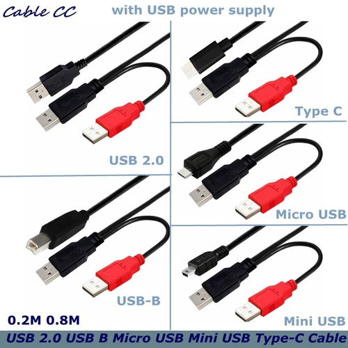 Imagen 1 del producto Cable de datos tipo Y para impresora de disco duro móvil, USB-B de doble cabezal USB 2,0 Micro Mini 5 pines tipo c, fuente de alimentación USB externa de 0,8 m