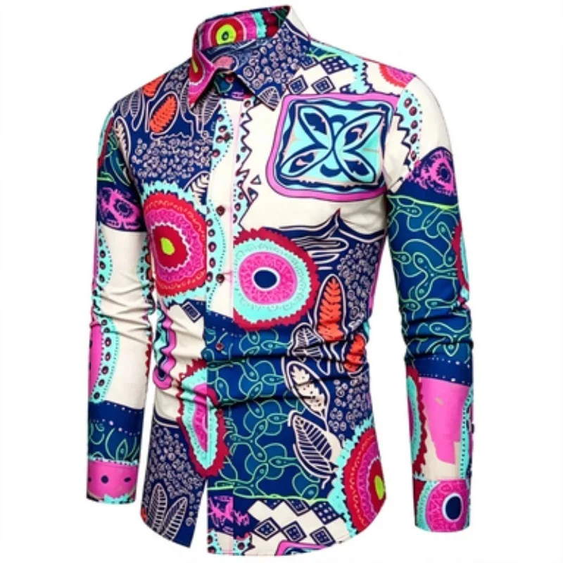 Men's long sleeved shirt trend men's slim fit long sleeved shirt printed collar shirt European and American vacation street men'