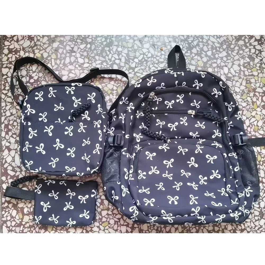 

3Pcs Kawaii Bow Printed Nylon Backpack Set with Sling Bag & (White)