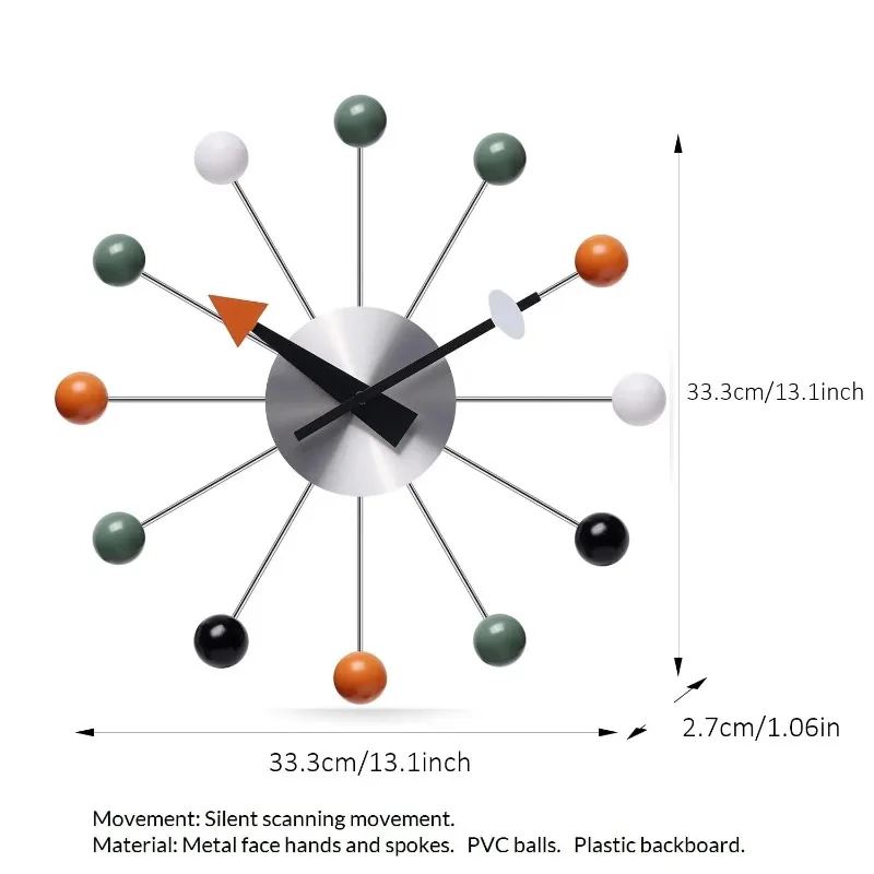 Modern Wall Clock Silent Non Ticking 13 Inch Pop Color Decorative Ball Clocks for Living Room Kitchen Office Wall Clocks