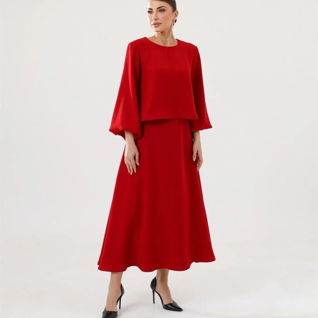 

Customized Short Crepe Red Evening Dresses A-Line Long Sleeve Crepe حزب اللباس Zipper Tea Length Prom Dresses for Women