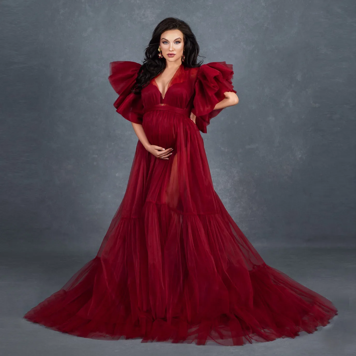 

Luxury Puffy Burgundy Tulle Maternity Dress Ruched Ruffles Long Pregnant Maxi Dress Trimmed Dress V neck Set off the Neck Curve