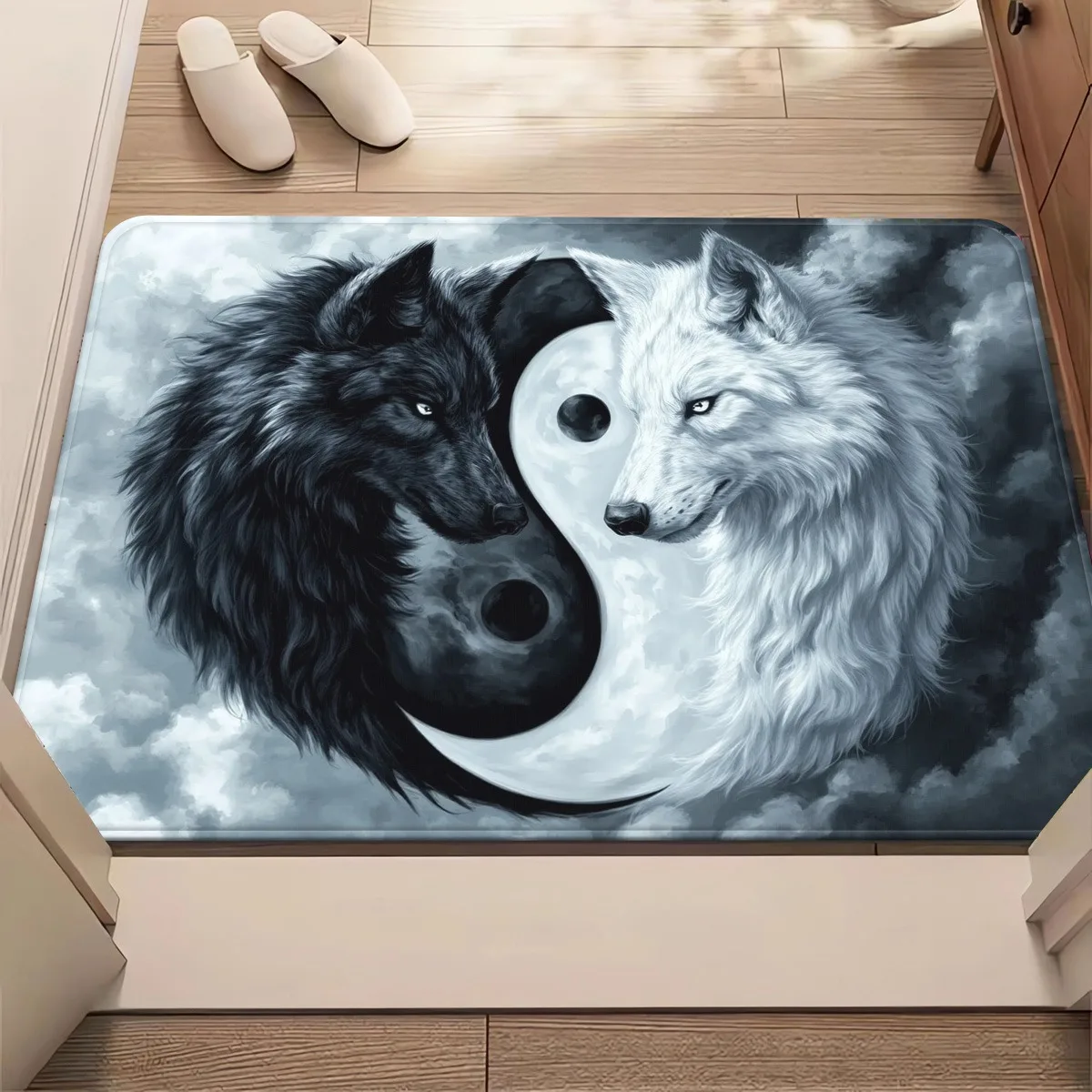 

1 шт. Yin-Yang черно-белый напольный коврик с принтом волка, полиэфирная ткань, которую можно стирать в машине, подходит для украшения спальни, гостиной