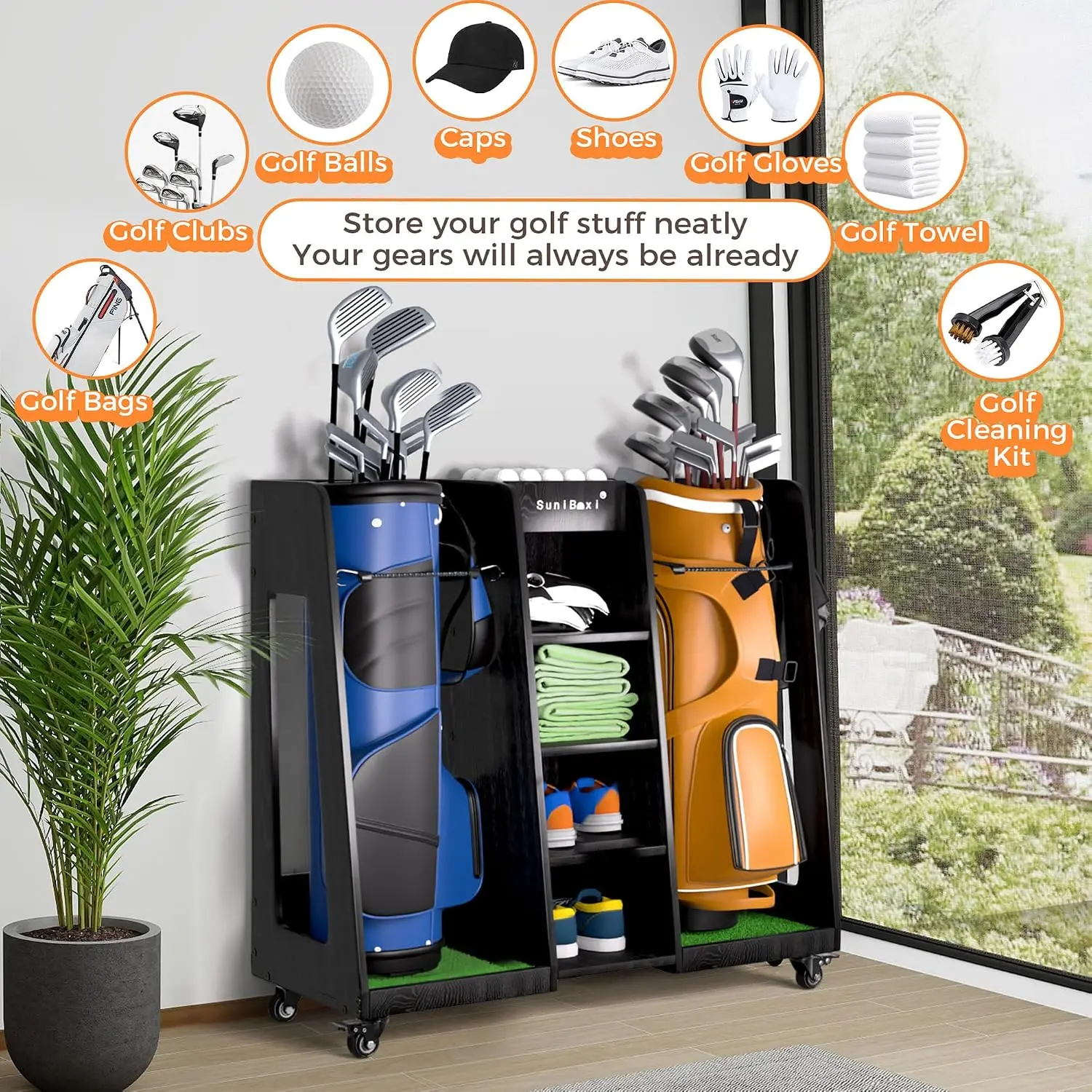 Golf Bag Organizer for 2-Bags Storage - Wooden Golf Bag Stand Rack with Wheels, Heavy Duty Space Saving Golf Club Holder