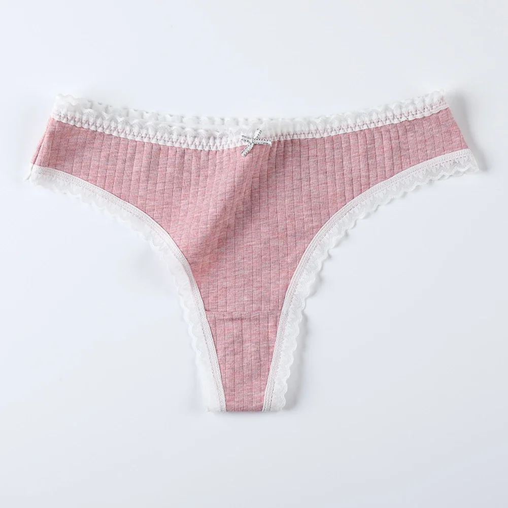 Women Cotton Solid Color Thong Briefs Lace Border Panties Breathable Soft Underwear Bikini Low Rise G-String Underpants