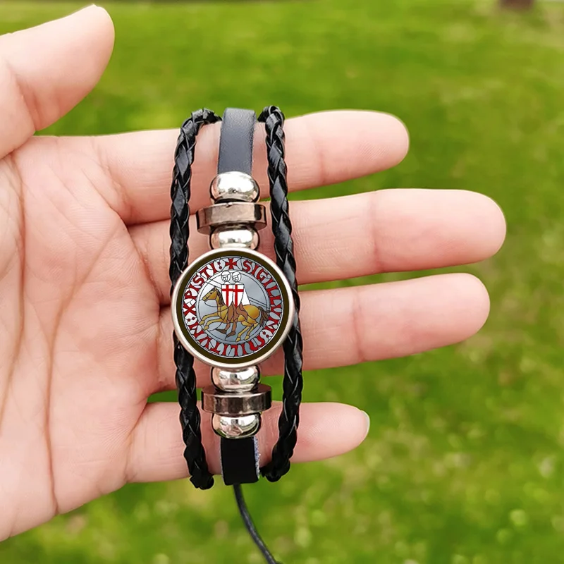 Hot Knights Templar Cross Bracelet for Men Unisex Masonic Symbol Glass Custom Pattern Woven Leather Bracelets Bangle