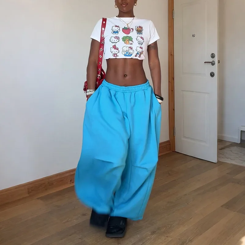 Solid Blue Wide Leg Elastic Cuff Casual Pants Women Fashion Elastic High Waist Streetwear Loose Trousers All Matching Sweatpants