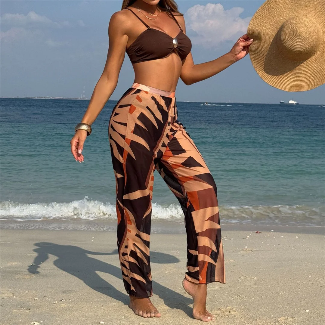 Mit bedruckten Hosen, Bikini, Damen-Badeanzug, dreiteiliges Bikini-Set, Damen-Badebekleidung, brasilianischer Badeanzug mit Polsterung, Badeanzug, Schwimmanzug V7083 – Detail 2