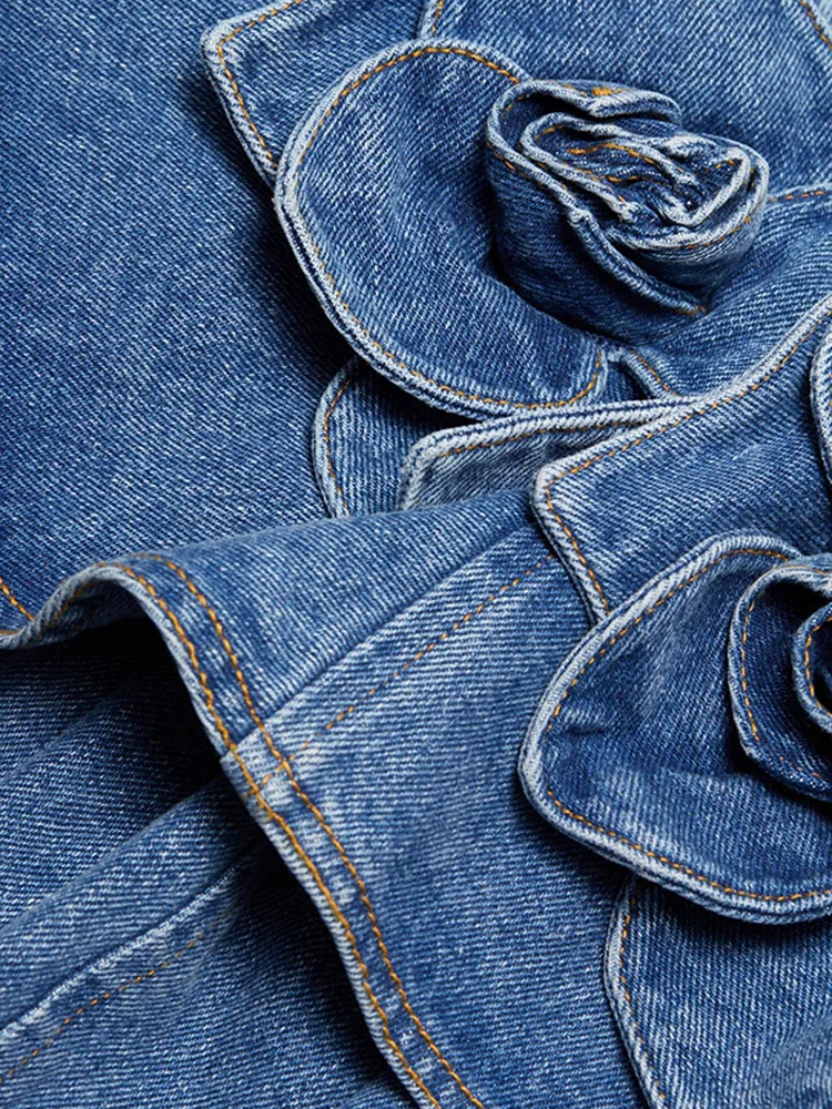 Mini robe gâteau en Denim à volants de fleurs 3D pour femmes, mode Sexy, col en U, sans manches, dos nu, fermeture éclair, arête de poisson, Slim, robes de club