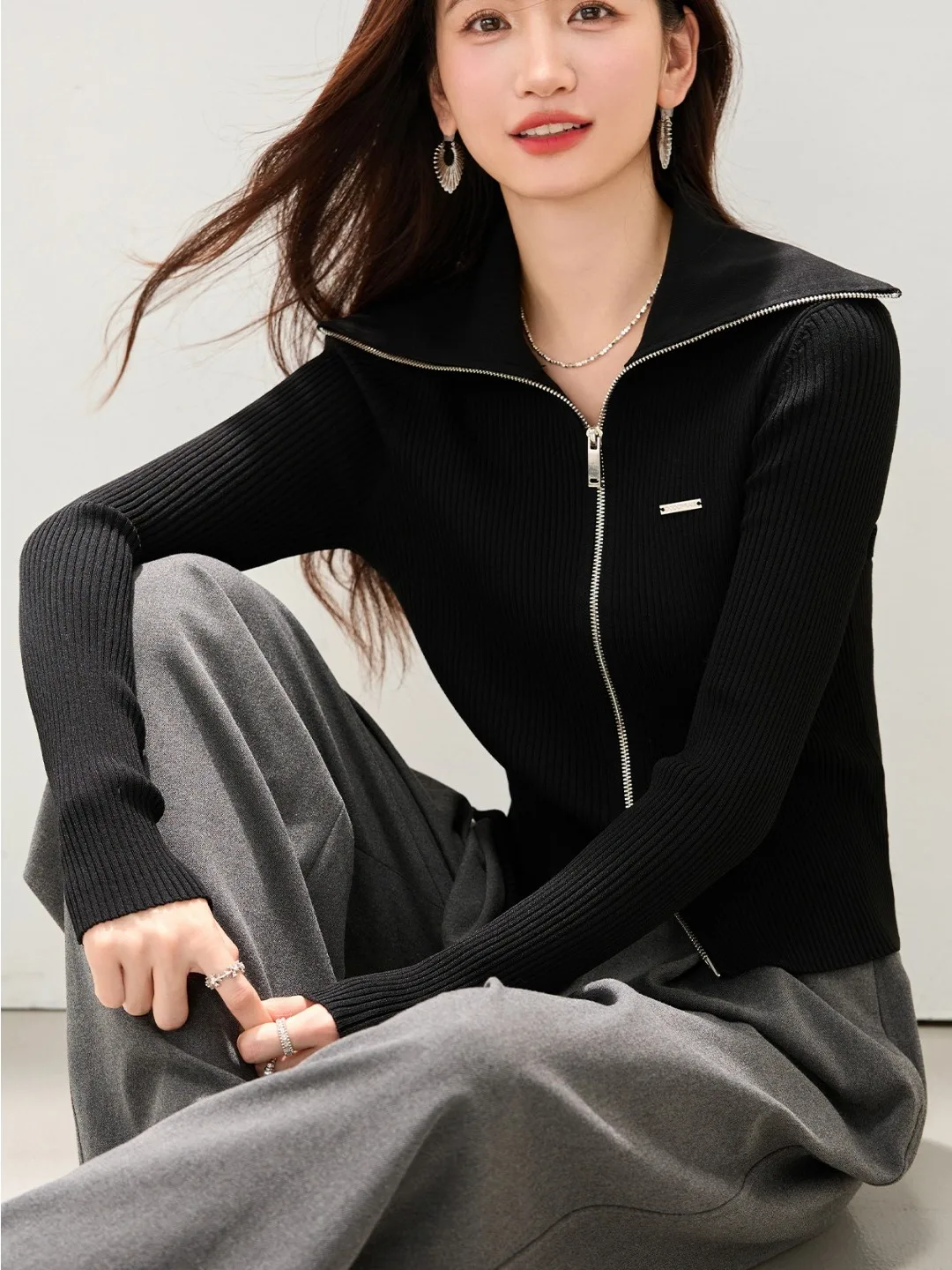 

Women's Slim Fit Knitted Sweater Double Zipper Collar Spring Autumn New Sle Elegance Small Fraance Wind Open Cardigan Top