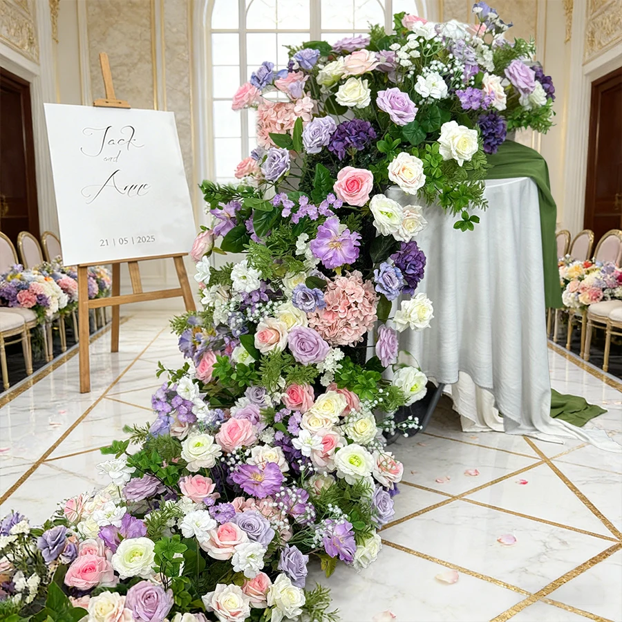 

Бело-фиолетовая искусственная цветочная композиция из роз, настольная дорожка для свадьбы, длинная цветочная композиция для стола, центральное украшение для помолвки