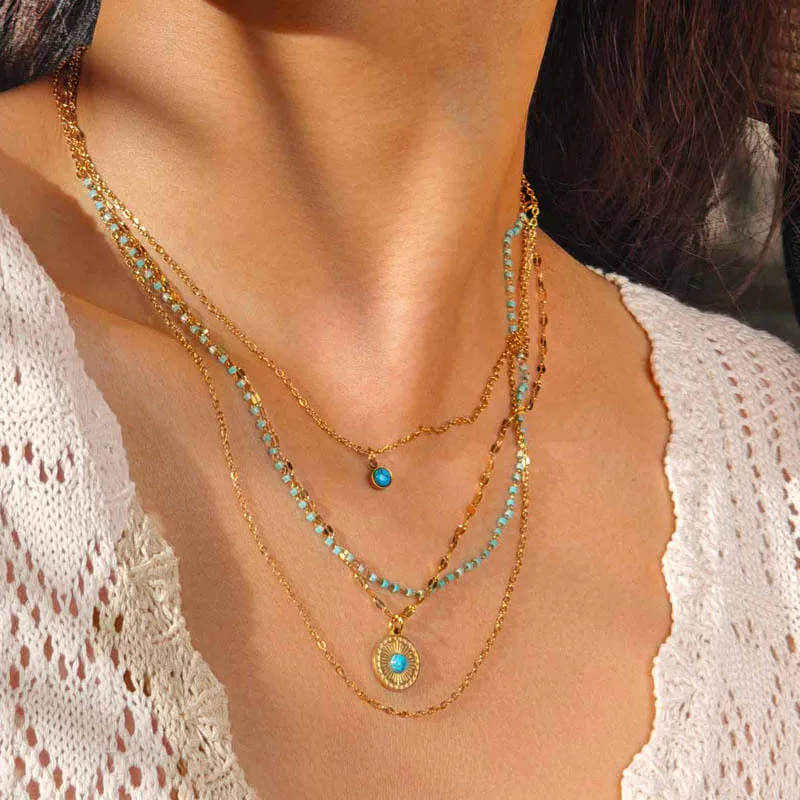 

Nature Stone Turquoise Necklace for Women, Stainless Steel Multi-layer Chain Necklace Elegant Jewelry