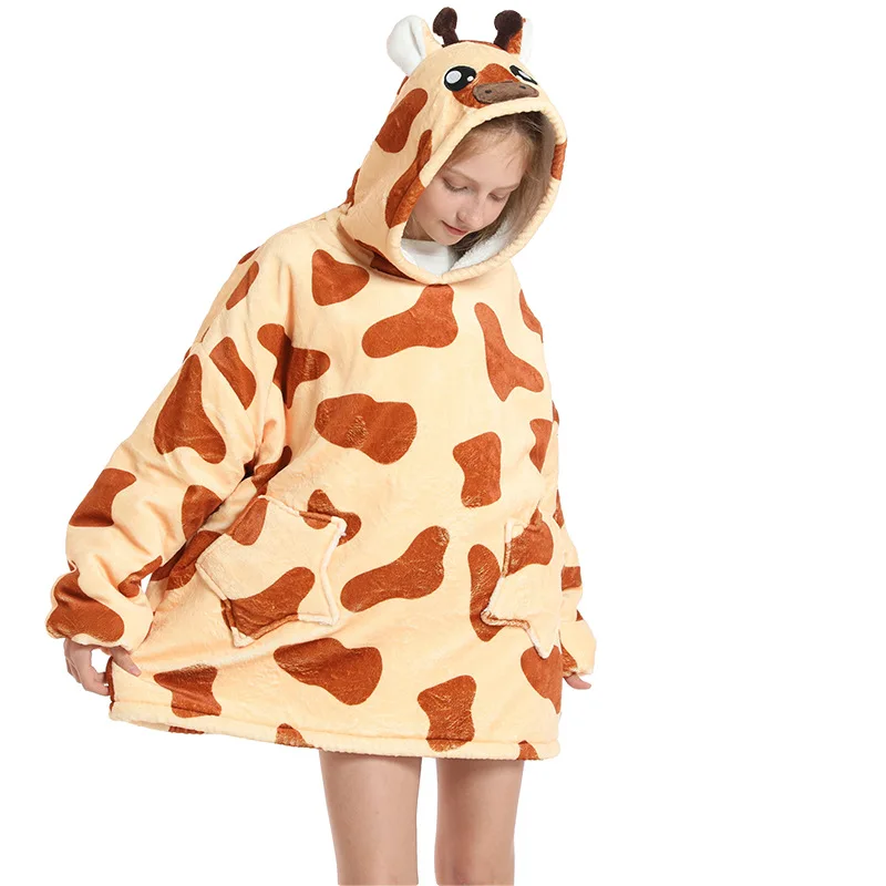 Animal Hooded Oversized Hoodies for Children Outfits Boys Girls Flannel Warm TV Blankets Kids Rabbit Cow Giraffe Clothes Tops