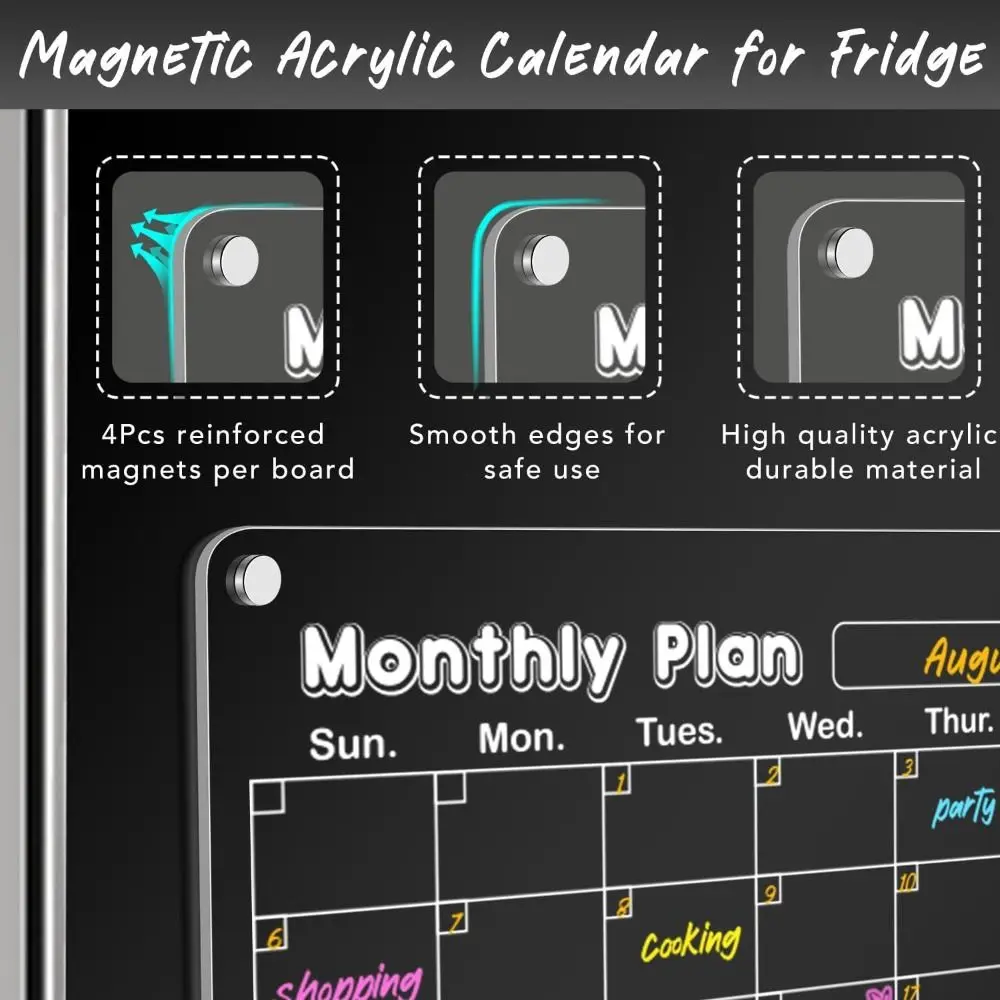 Acrylic Magnetic Fridge Planner with 8 Color Markers Easy Clean Monthly Calendar Board Magnetic Dry Erase