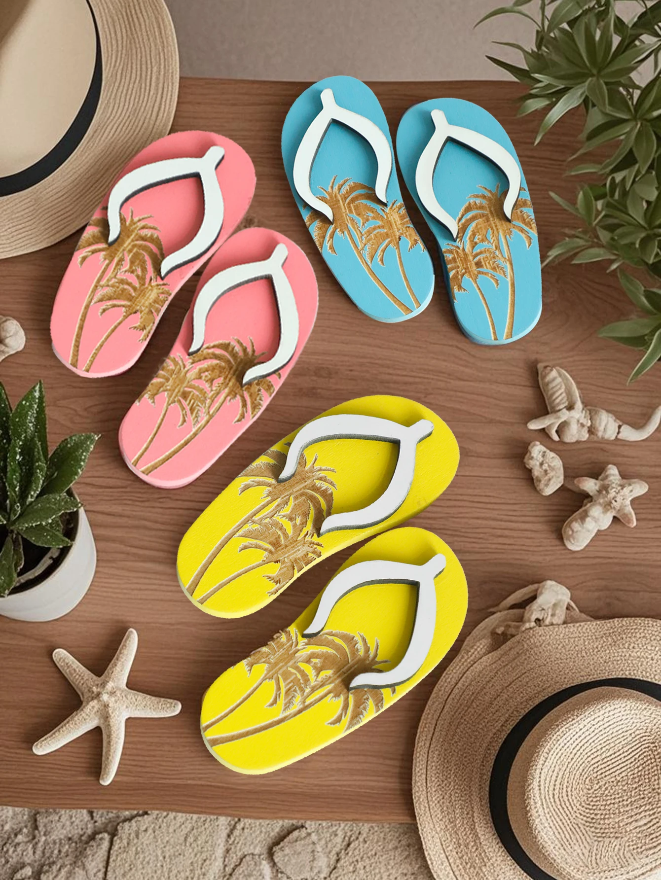 Boho Wood Flip-Flop Desktop Decoration-Palm Tree Pattern, Tropical Style Ornaments for Home, Ideal Summer Tabletop/Shelf Display