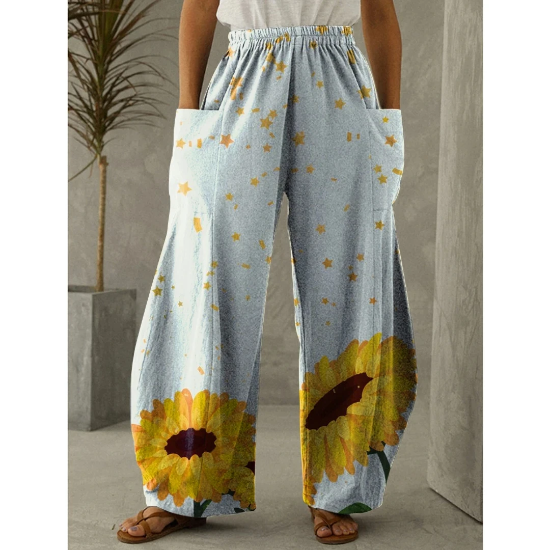 Women's sunflower printed loose pants, 3D printed casual loose pants, Bohemian retro beach clothing, high waisted pocket pants