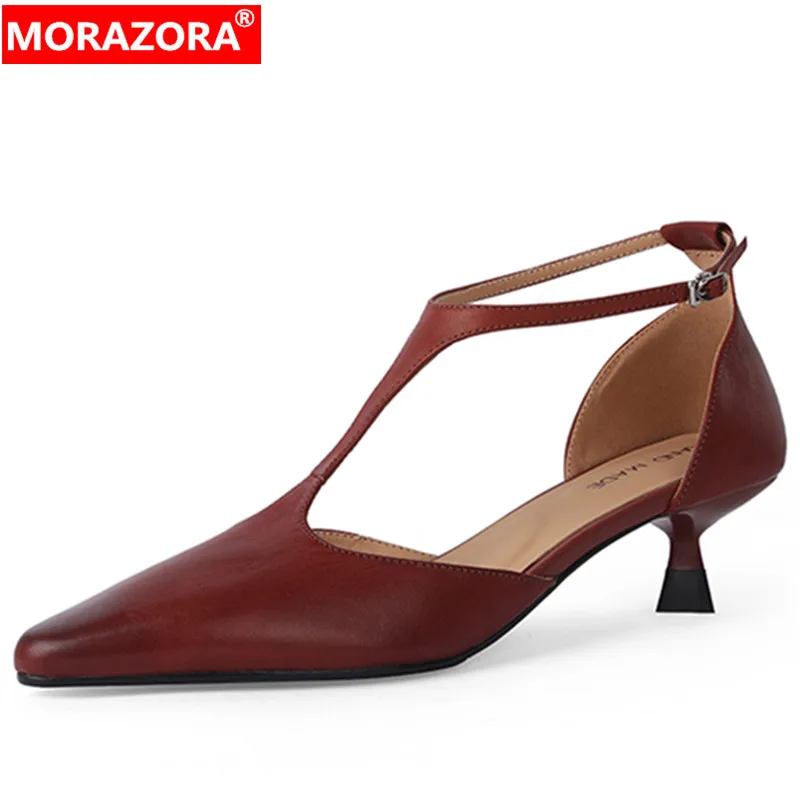 

MORAZORA 2024 New Pointed Toe Genuine Leather Women's Sandals Vintage Ladies Buckle Dress Shoes Stilettos Med Heels Sandals