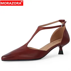 MORAZORA 2024 New Pointed Toe Genuine Leather Women's Sandals Vintage Ladies Buckle Dress Shoes Stilettos Med Heels Sandals