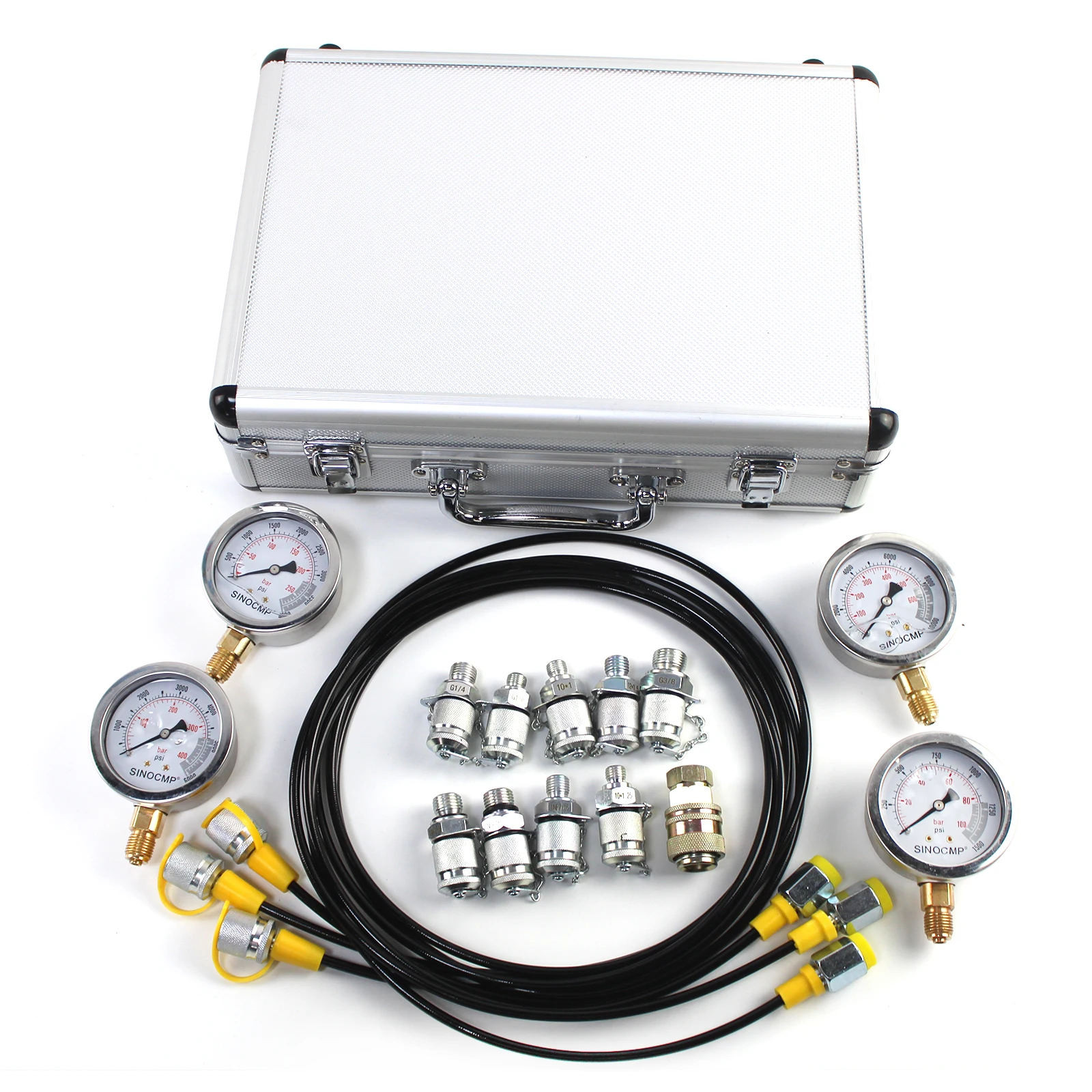 Hydraulic Pressure Test Kit w/ 10/25/40/60Mpa Gauges, G1/4 Test Hose, Couplings for CAT/CASE/John Deere Excavators