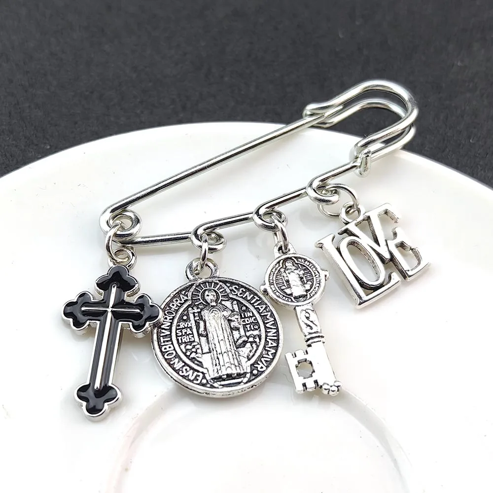 Saint Benedict Medallion Catholic San Benito Paperclip Brooch Charm Buckle Pin Safety Pin I LOVE JESUS Jewelry Accessories Gifts