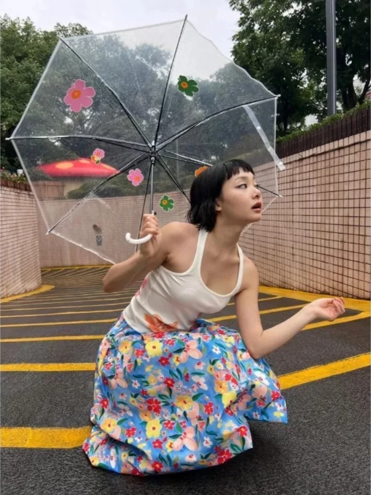 Casual Fashion Floral Print A-line Skirt For Women High Waist Mid-length Faldas Mujer 2025 Summer New All-match Skirts