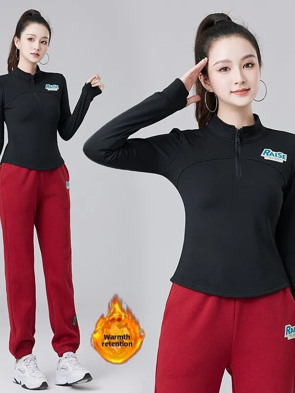 Qui Dry Long Sve Fitn Top para mulheres com gola alta e design com zíper f adequado para dança quadrada e esportes ao ar livre