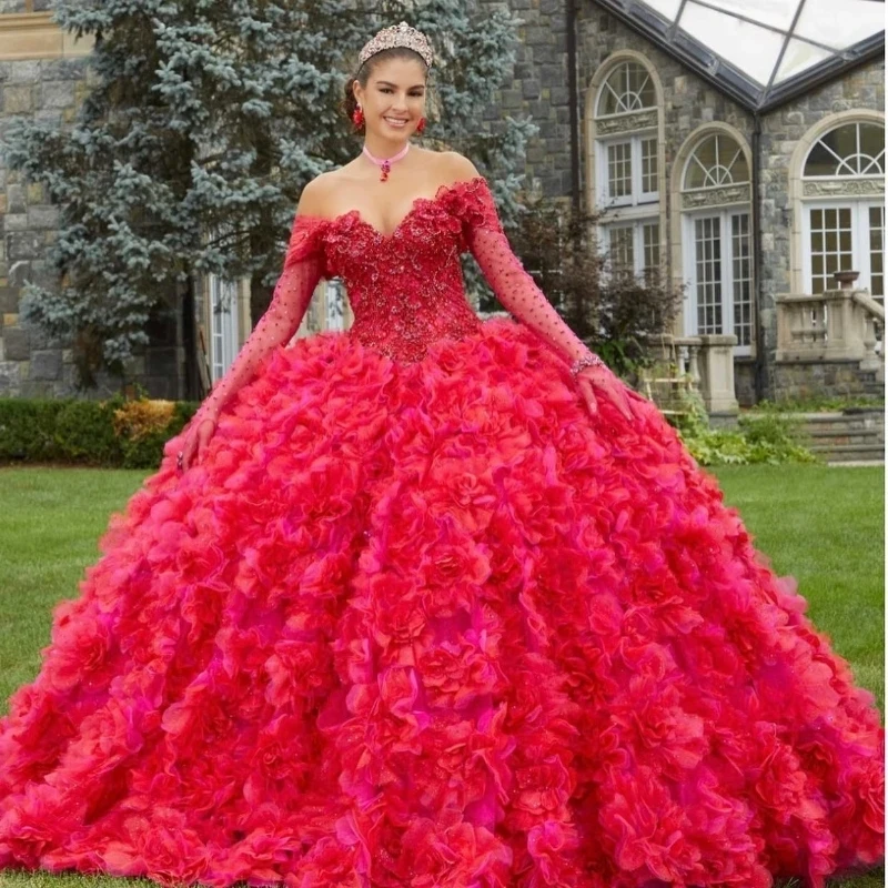 

Red Ball Gown Quinceanera Dresses Off the Shoulder Lace Beads Tull Tiered Long Sleeved Corset Sweet 16 Vestidos De 15 Años