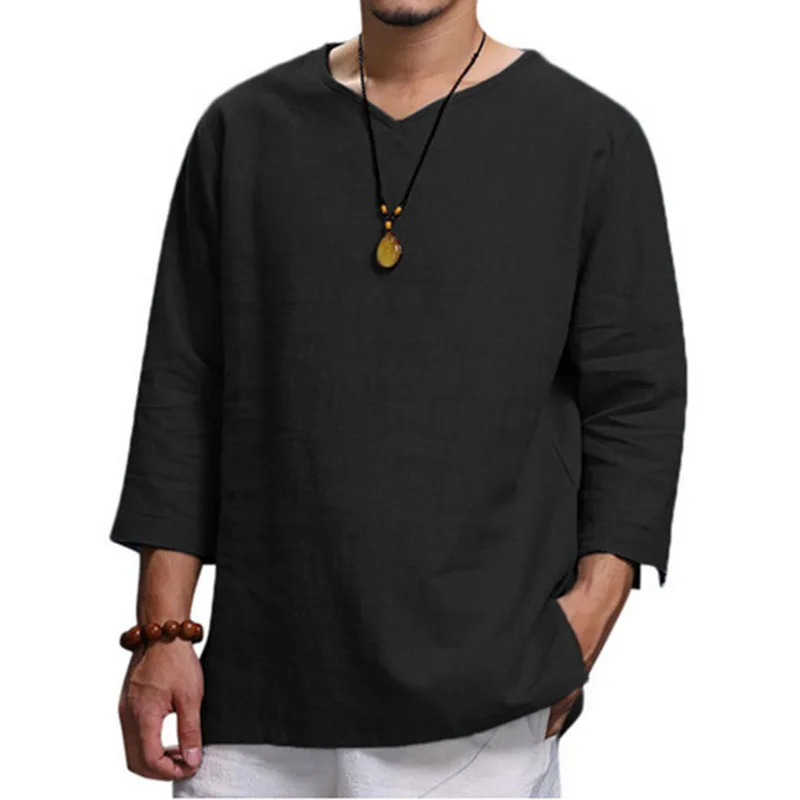 Summer New Trend Casual Beach Top Men\'s Long Sleeve V-Neck Cotton Hemp Loose Casual Tide Men\'s Shirt