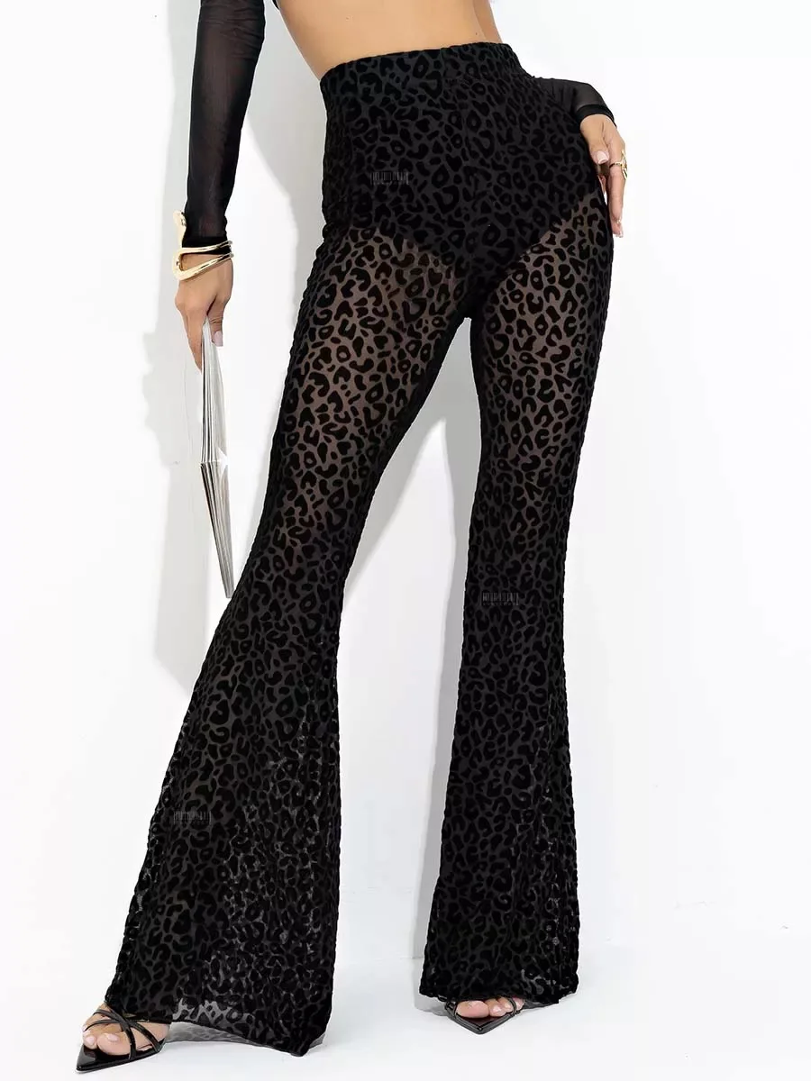 DSMTRC 2025 New Midnight Sexy Club High Waist Long Flare Pants Y2k Hot Girls See-through Leopard Print Mesh Trousers For Woman