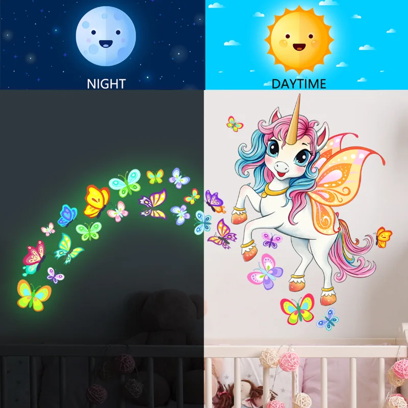 Cartoon Hand Drawn Unicorn Colorful Butterfly Night Glow Sticker Girl Bedroom Living Room Background Self-adhesive Wall Sticker