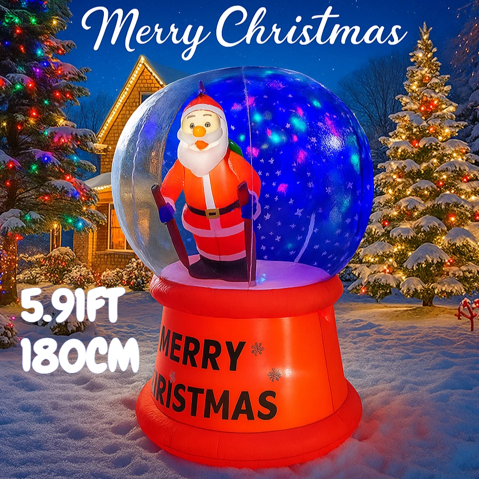 5,91FT Gonfiabile Babbo Natale Giocattolo Sfera di cristallo Decorazioni natalizie per forniture da giardino con luci a LED Ornamenti per la casa Regali festivi