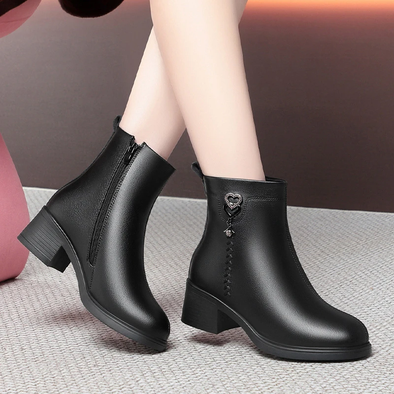 Women Autumn Winter Mom Leather Ankle Boots Chunky Block Heel Fleece Lined Warm Cotton Short Booties Non Slip Comfortable Footwe