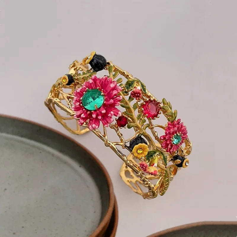 

French Handmade Enamel Fantasy Plant Red Strange Flower Mangrove Branch and Leaf Bracelet Wide Bangles for Women Luxury