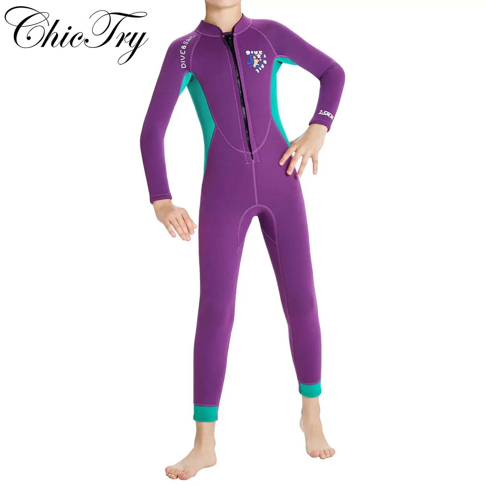 

Kids Girls Swim Jumpsuit 2.5mm Neoprene Wetsuit Swimsuit Stand Collar Long Sleeves Bodysuit Snorkeling Surfing Thermal Swimwear