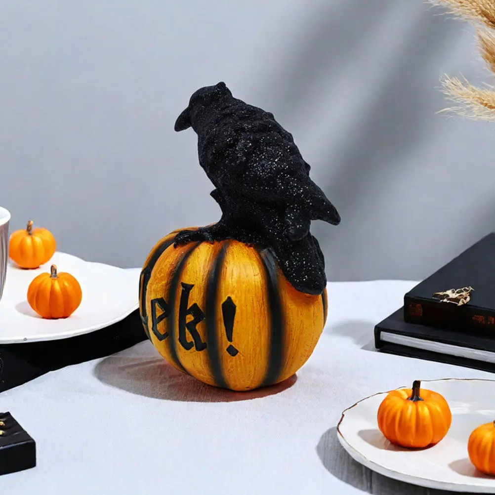 Halloween Pumpkin Crow Resin Sculpture Detailed Carved Hand Painted Garden Desktop Decor Halloween Party Decoration Scary Prop