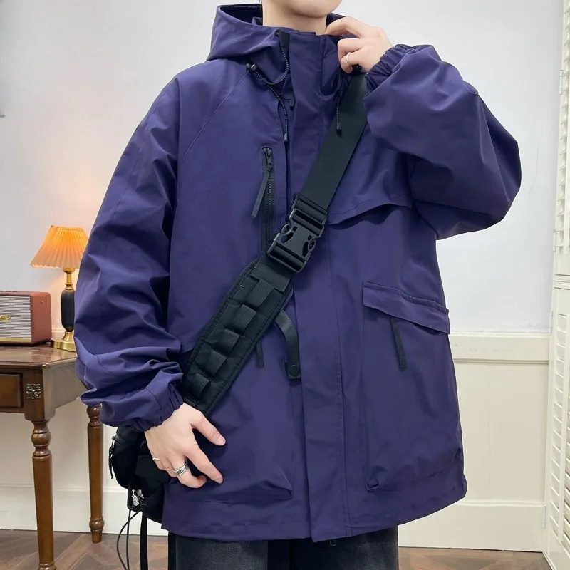 Men's Loose and Fat Men's Wear Simple and Stylish New Spring Autumn and Winter Trendy Hooded Functional Windbreaker Work Jacket