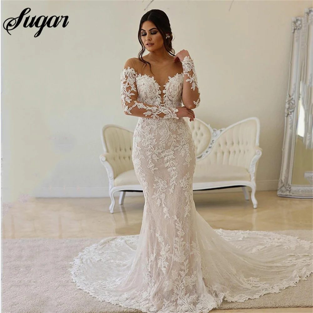 Elegante abito da sposa a sirena Abiti da sposa personalizzati con scollo a V Abiti da sposa con strascico lungo con applicazioni in pizzo trasparente robe de mariée