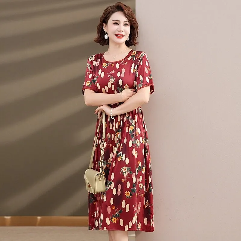 

Short Sleeve Silk Satin Vintage Print Floral Summer Dresses For Women Casual Midi Ladies Dress Elegant Female Clothing
