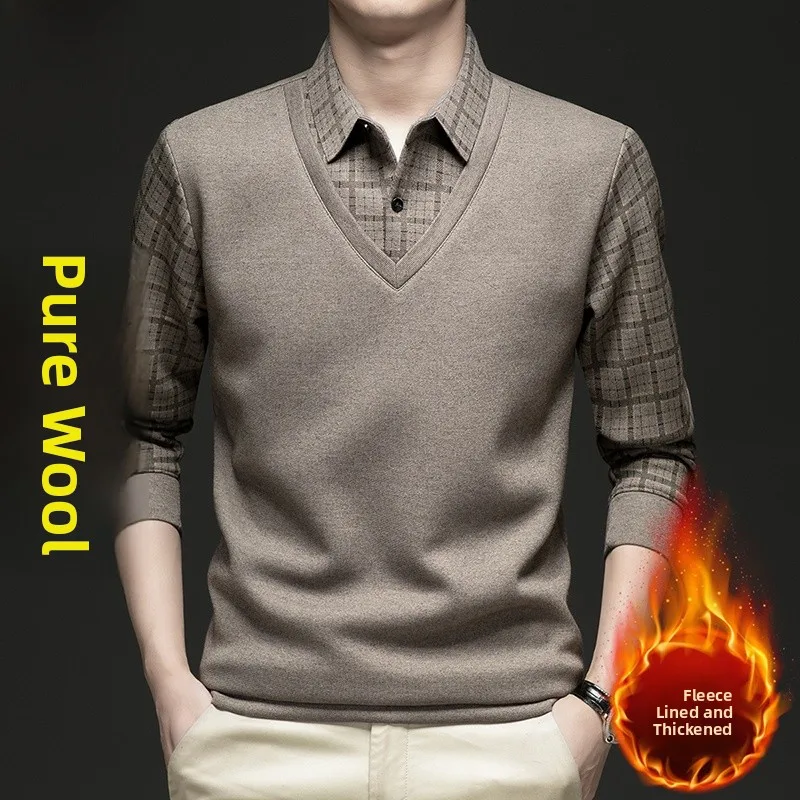 

Warm Woolen Knitted Sweater with irt Collar Fake Two-Piece Design Men's Autumn Winter Fce Lined Knitwear TUCANO Brand