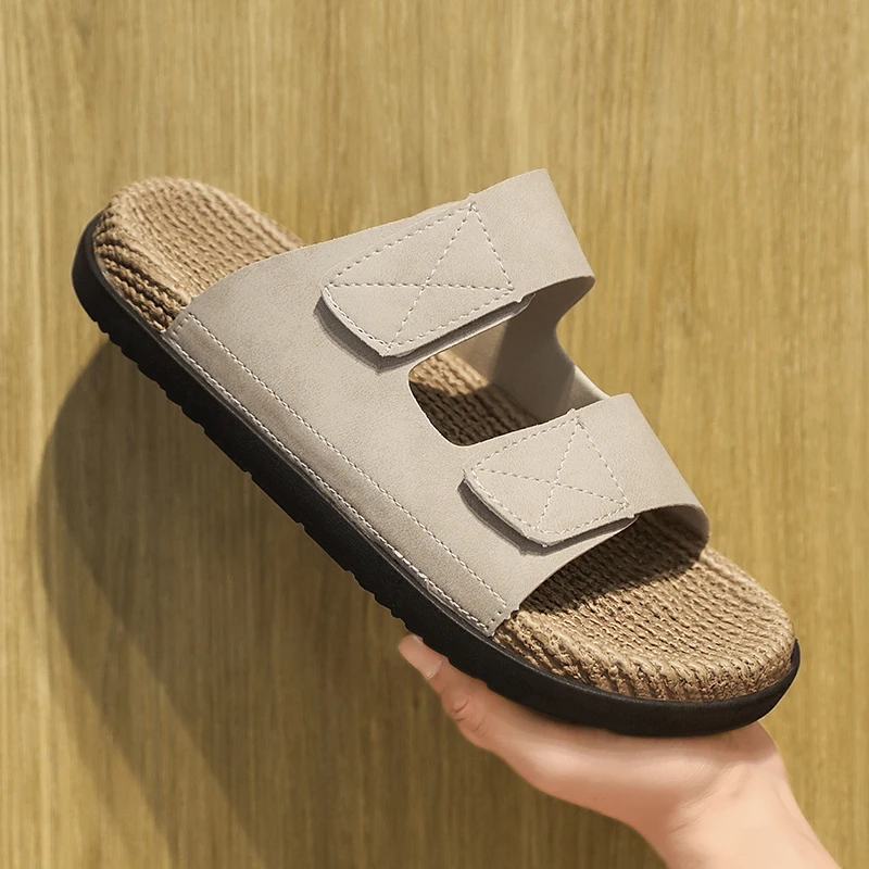 PU Leather Slippers for Men, Adjustable Hook and Loop Sandals, EVA Textured Footbed, Big Size 47 48