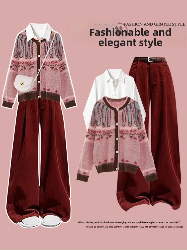 

Комплект из трех предметов: вязаный свитер большого размера в университетском стиле, мягкая повседневная рубашка и брюки для женщин, осень-зима