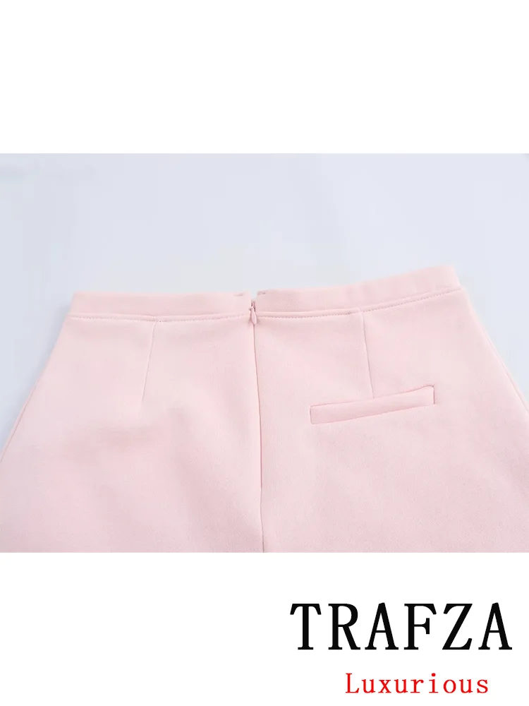 TRAFZA Vintage Casual Chic Solid Women Suit Zipper Stand Collar Short Jackets Straight Mini Skirt New Fashion 2024 Autumn Suit