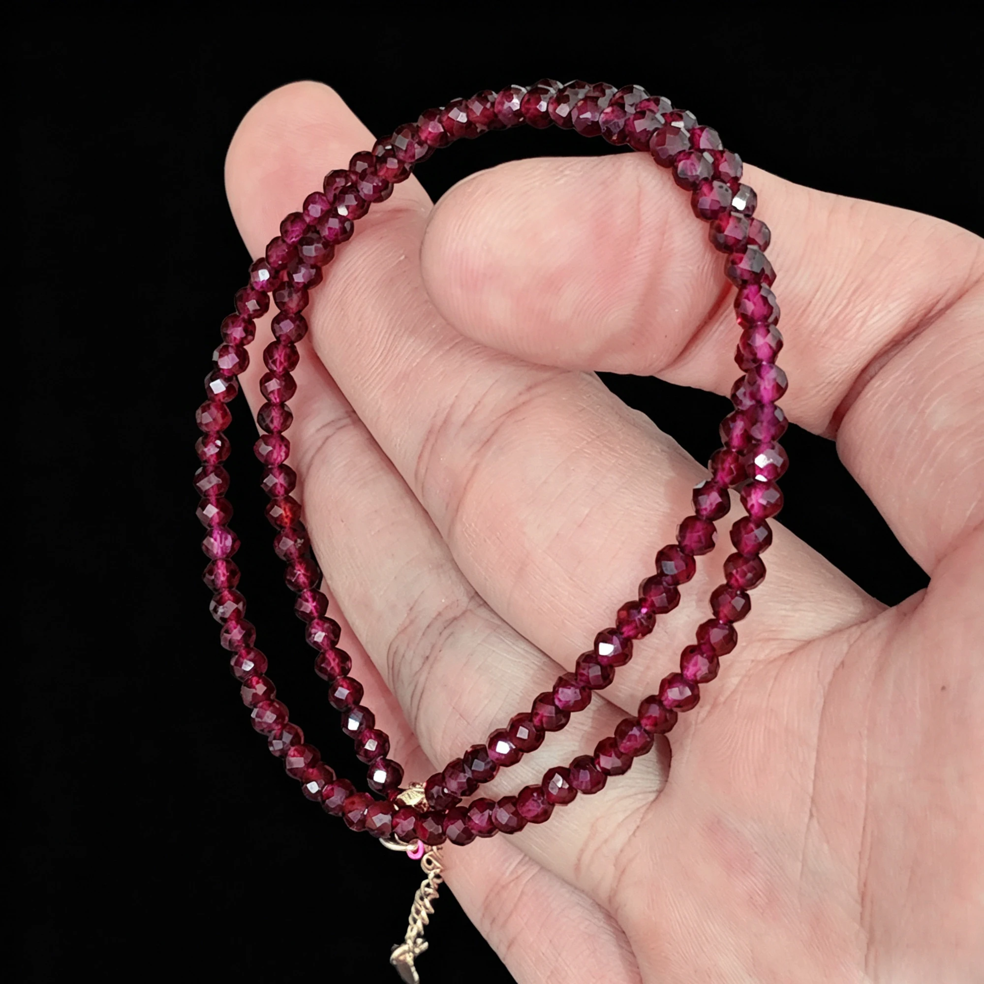 Natural Wine Red Garnet Faceted Micro Beads Bracelet Gold Tone Clasp Deep Red Gemstone Delicate Strand Jewelry for Women