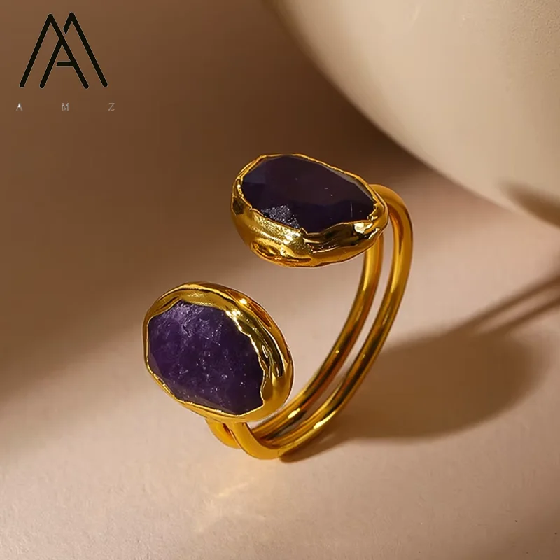 

Natural Double Amethyst Ring Classic 24K Gold-Plated Brass Ring Adjustable Band Design Women's Fashion Accessory for Party Daily