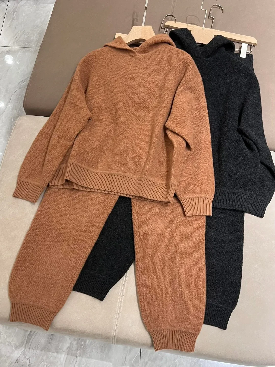 Women's Set 2024 New Autumn Winter 100% Cashmere Casual Hooded Pullover or High Waist Long Pants