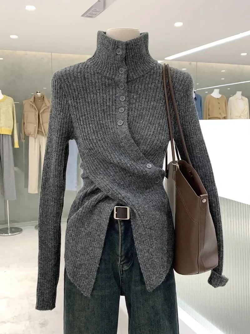 Korean Chic Elegant Slim Fit Cardigan Cross Button Simple Long Sleeve Turtleneck Sweaters 2024 Autumn New All-match Solid Jumper