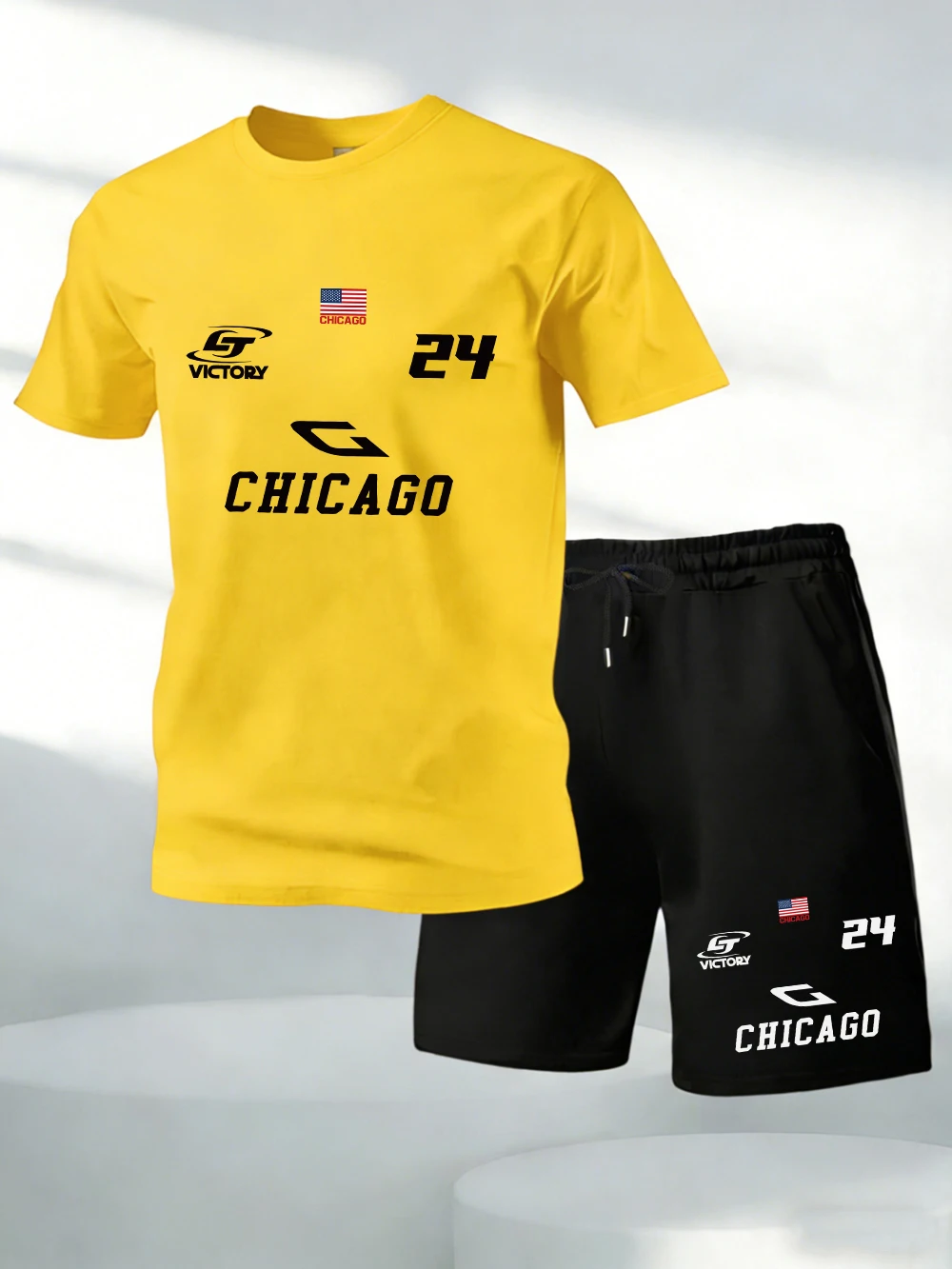 

Two Pieces Set Chicago Victory Number 24 Print Cotton Tops Shorts Mens O-Neck Oversized Soft T-Shirts Pocket High Waisted Pants
